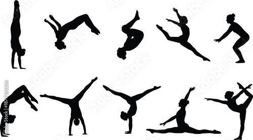 Set of female gymnast silhouettes performing acrobatics, yoga, and dance poses, black athletic figures isolated on white background for fitness, sport, and movement concepts