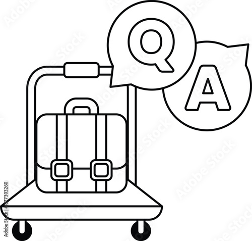 A luggage cart with a suitcase on it and a Q and A sign above it