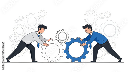 Businessmen working together turning gears, teamwork and collaboration concept