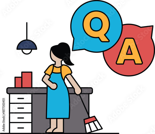 A woman is cleaning a kitchen with a broom