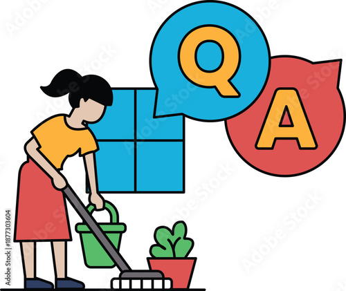 A woman is cleaning a room with a broom and a bucket