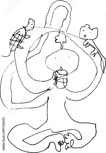 Person drinking water, long arms, turtle, cat, strange, weird, scribble illustration (Hogara)