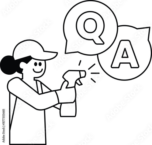 A woman is holding a spray bottle and a QA is written in the background