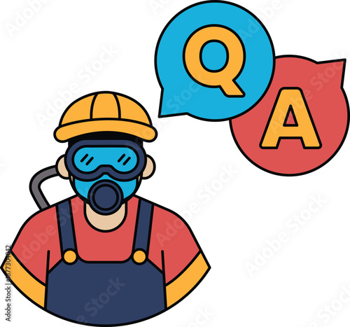 A man in a hard hat is talking to a question mark