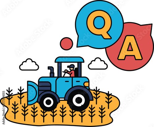 A tractor is driving through a field with clouds in the sky