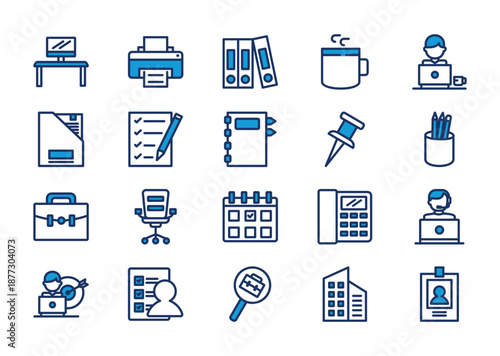 Office thin blue icon set. Containing work desk, printer, filing, coffee, worker, box file, checklist, book