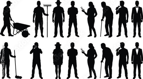 Set of working people and profession silhouettes showing laborers, farmers, cleaners, singers, and formal workers, black human figures isolated on white background for career concepts