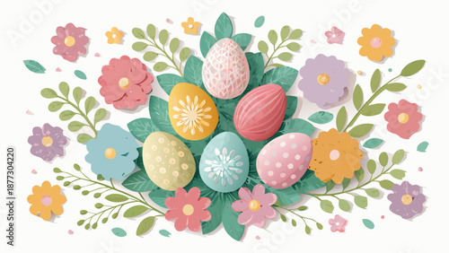 Vibrant Easter eggs surrounded by colorful flowers and leaves