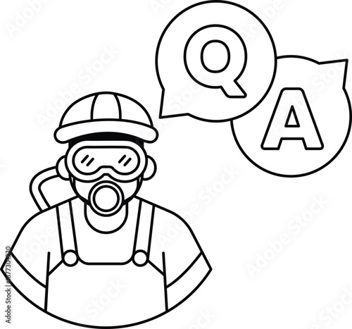 A man in a hard hat is talking to a question mark
