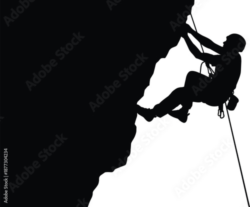 Rock climber silhouette rappelling down steep cliff, extreme outdoor adventure sport concept, mountaineering challenge illustration isolated on white background