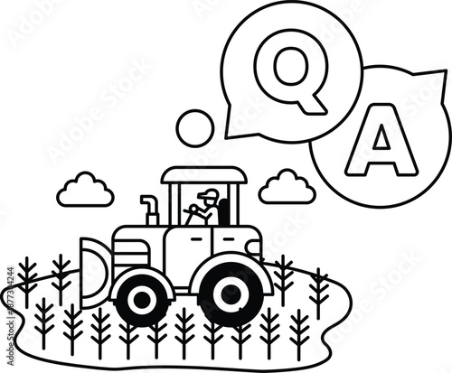A tractor is driving through a field with clouds in the sky