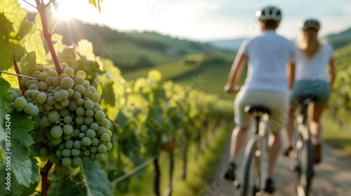 Two cyclists enjoy a scenic ride through lush vineyards under the warm sun, embracing nature and leisure on their adventure.