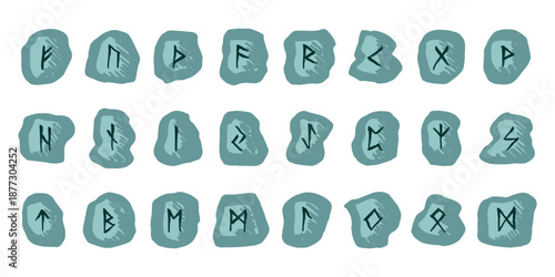 Set of hand drawn viking runes Rune stones with ancient norse alphabet characters engraved on them Scandinavian futhark germanic celtic Single element for design, print, web, decor