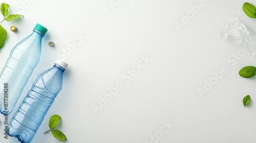 Two plastic water bottles on a white surface surrounded by green leaves, symbolizing recycling and environmental consciousness.