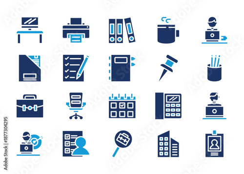 Office thin solid icon set. Containing work desk, printer, filing, coffee, worker, box file, checklist, book