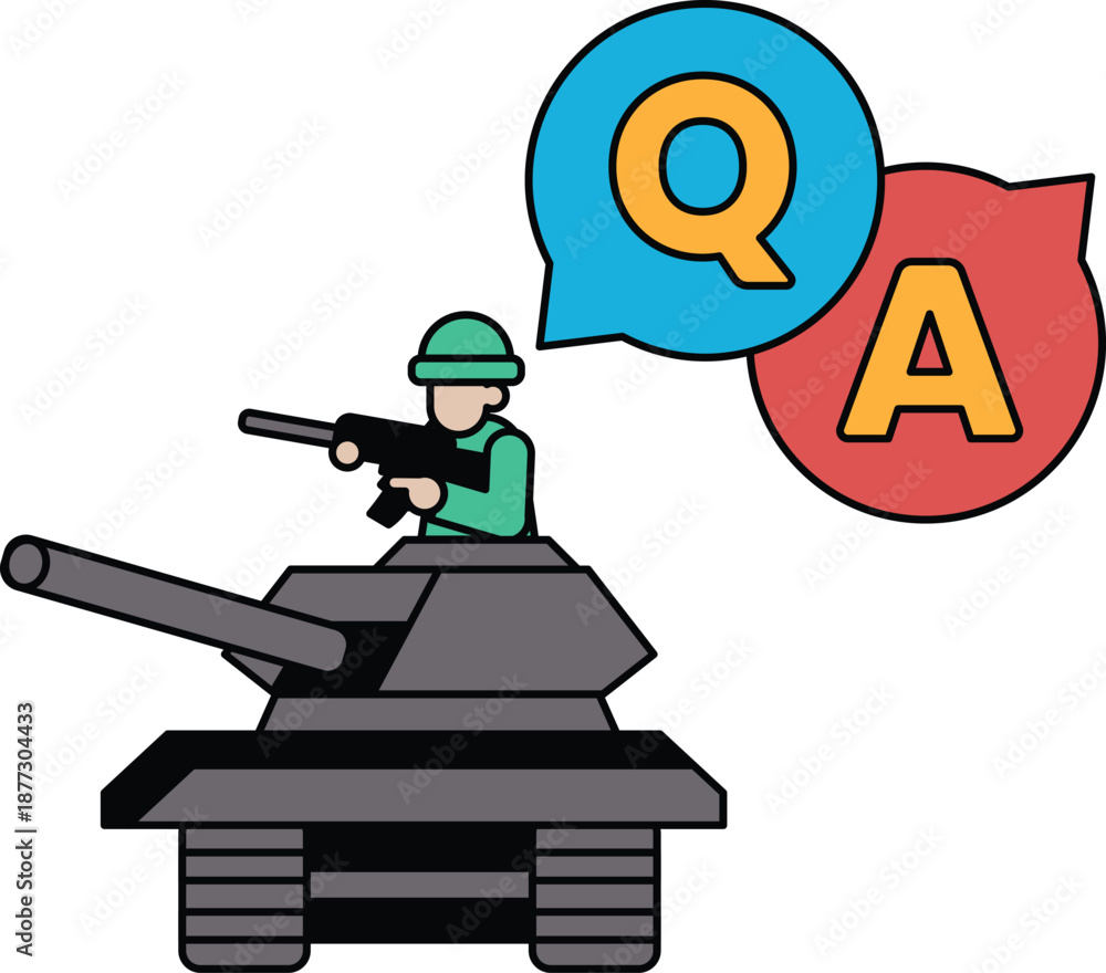 Fototapeta premium A soldier is sitting in a tank and a question mark is above him