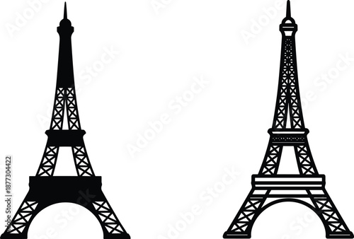 Silhouette Eiffel Tower icons in black, Paris landmark illustration set for travel, architecture, tourism, French culture, vector design, and urban city branding projects