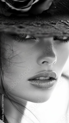 selective focus black and white close-up portrait of young woman wearing hat