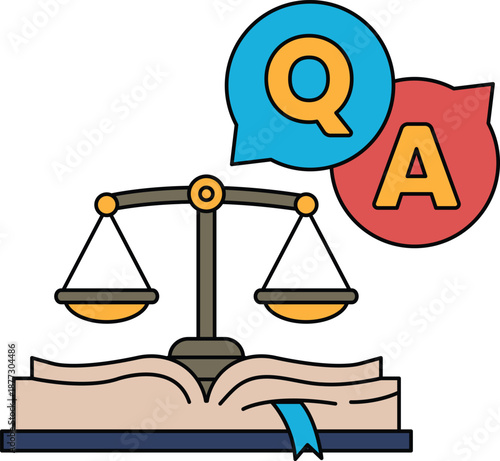 A scale with a book on top and a question mark and an A on the right