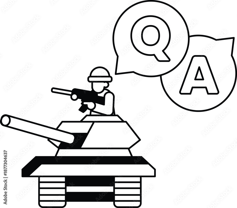 Naklejka premium A soldier is sitting in a tank and a question mark is above him