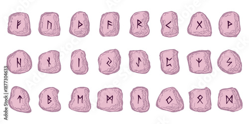 Set of hand drawn viking runes Rune stones with ancient norse alphabet characters engraved on them Scandinavian futhark germanic celtic Single element for design, print, web, decor
