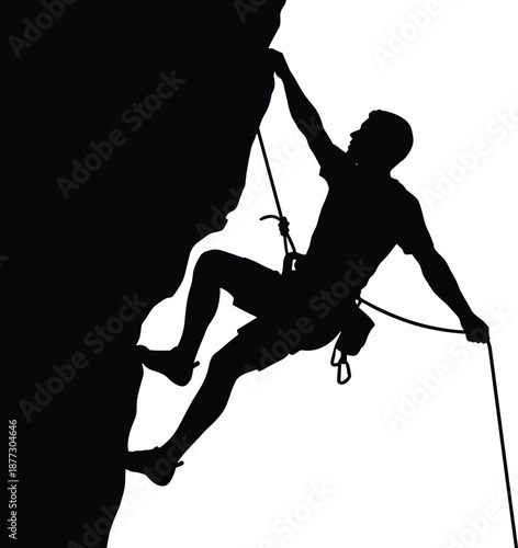Rock climber silhouette scaling cliff, extreme outdoor adventure sport, mountaineering challenge, strength and determination concept, isolated on white background illustration