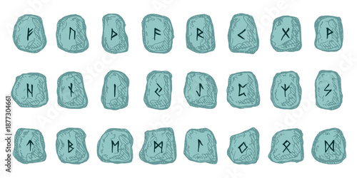 Set of hand drawn viking runes Rune stones with ancient norse alphabet characters engraved on them Scandinavian futhark germanic celtic Single element for design, print, web, decor