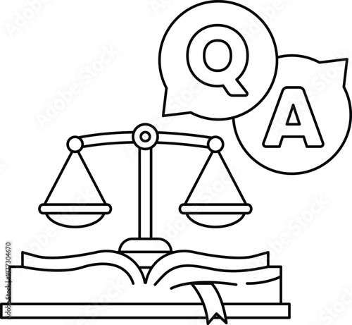 A scale with a book on top and a question mark and an A on the right