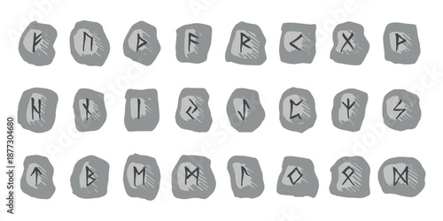 Set of hand drawn viking runes Rune stones with ancient norse alphabet characters engraved on them Scandinavian futhark germanic celtic Single element for design, print, web, decor