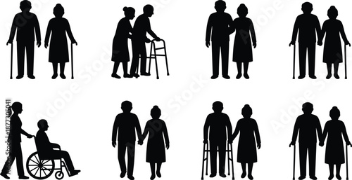 Silhouettes of elderly couples and caregivers, seniors using walkers and wheelchairs, aging care, assisted living, healthcare support, family companionship illustration social concept vector