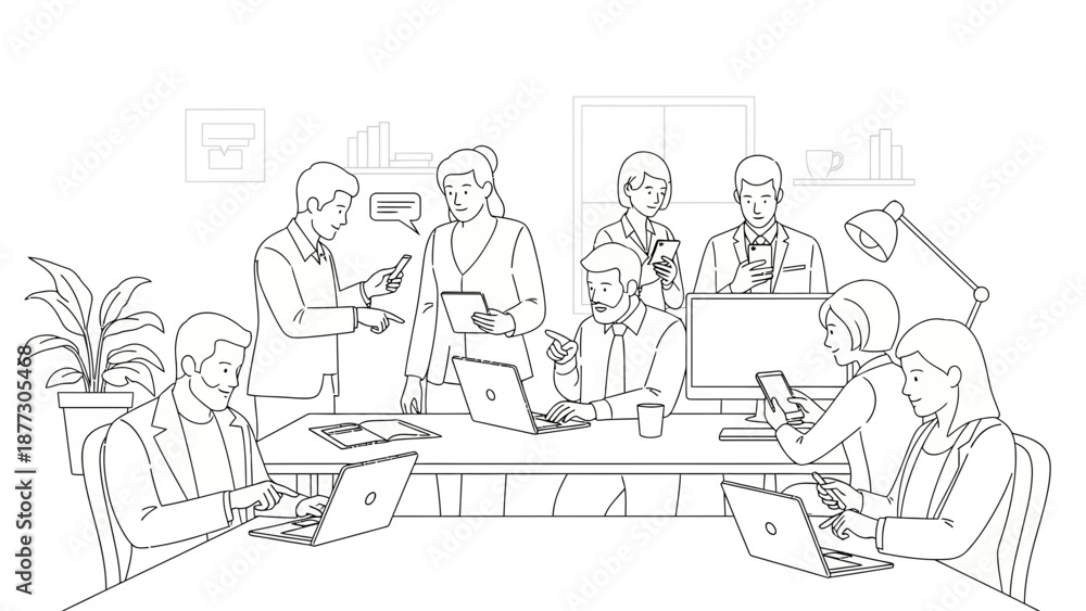 Fototapeta premium Diverse team collaborating in a modern office, using laptops and smartphones.