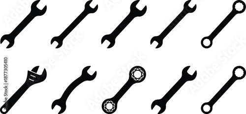 Spanner and wrench silhouette icons set featuring adjustable and fixed mechanical hand tools, black isolated toolkit collection for repair, maintenance .