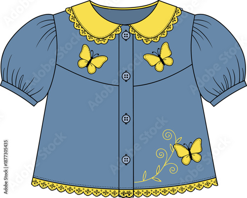 Cute baby girl blouse illustration with butterfly embroidery, blue children shirt with yellow collar, toddler fashion design, adorable kids clothing, decorative apparel art