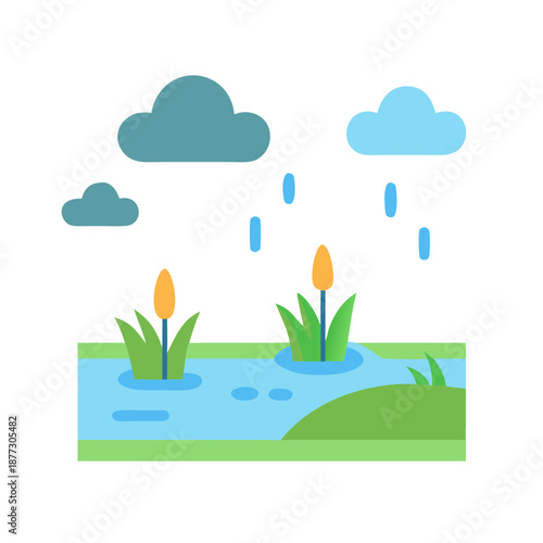 Flat illustration of cattails in a rainy wetland environment