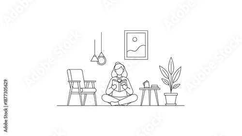 Woman Reading Book in Cozy Living Room, Minimalist Line Art Illustration