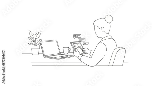 Woman working on tablet and laptop, desk with plant and coffee, communication concept