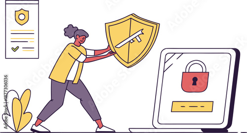 Digital Shield: A determined individual shields a laptop with a digital shield, representing robust cybersecurity measures, highlighting protection and privacy.