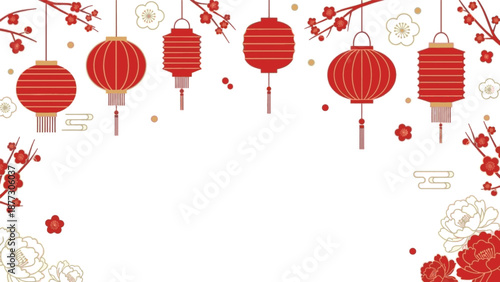 Festive Chinese New Year Lanterns and Floral Decorations Border on White Background