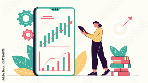 Analyzing Business Growth on Phone: A person is standing near a giant phone that shows data and graphs related to business growth. Analyzing financial performance, strategies.