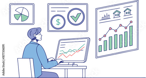 Data analysis and workplace insight : A person in the office deeply engaged in analysis, surrounded by data visualization tools, monitoring key metrics and making insightful decisions.