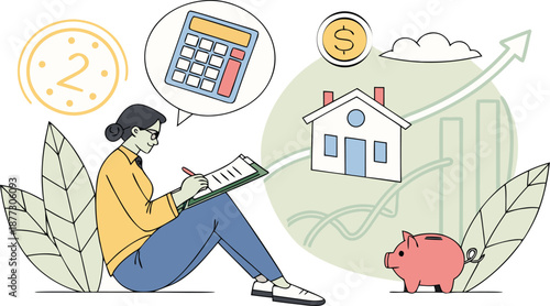 Financial planning and investment concept: A graphic illustration shows a person planning financial goals in the future. The image symbolizes strategic financial planning, savings and investment.