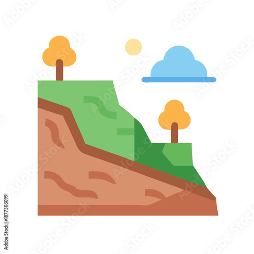 Minimalist landscape illustration of hillside with trees and cloud