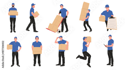 Flat vector illustration of courier and warehouse staff in different poses: lifting, carrying, loading, checking clipboard, and moving goods. Logistics, shipping, moving service, and delivery concept.