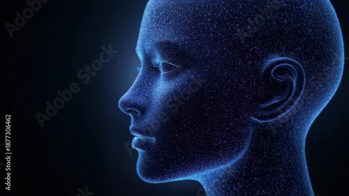 Digital female profile portrait with starry skin and glowing blue contour. ethereal humanoid face