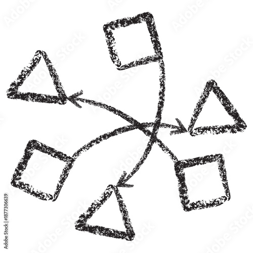 Vector icon of data mapping from square input nodes to triangle output results. Dark brown charcoal sketch on transparent background. Hand-drawn concept for supervised learning and data conversion