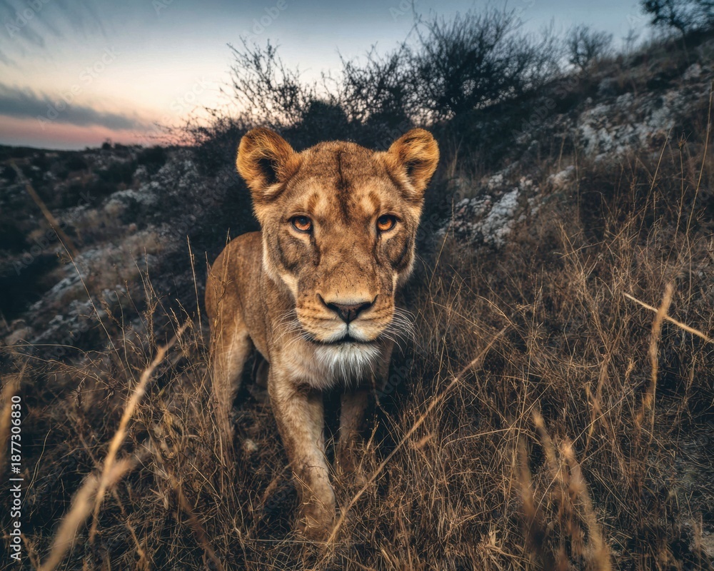Fototapeta premium Authentic African Lioness Portrait Inspiring Wilderness Adventure and Leadership for Travel Marketing and Editorial Use