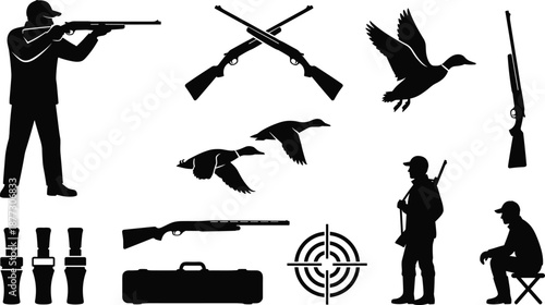 Set of hunting silhouettes showing hunters, shotguns, flying ducks, targets and outdoor gear, black wildlife sport icons isolated on white background for hunting design concepts