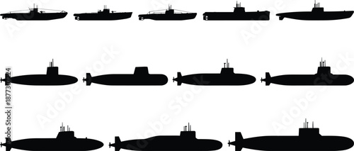 Set of military submarine silhouettes displaying various naval underwater vessels, modern and classic designs, side view profiles, maritime defense concepts isolated on white background