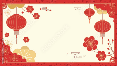 Festive Chinese New Year background with traditional red lanterns, delicate plum blossoms, and golden decorative accents, ideal for cultural celebrations and greetings
