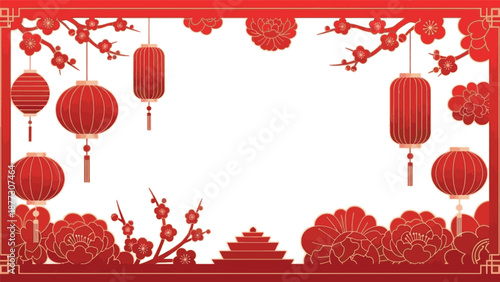 Elegant red and gold frame illustration for Chinese New Year, featuring lanterns and blossoms on white, perfect for cultural greetings